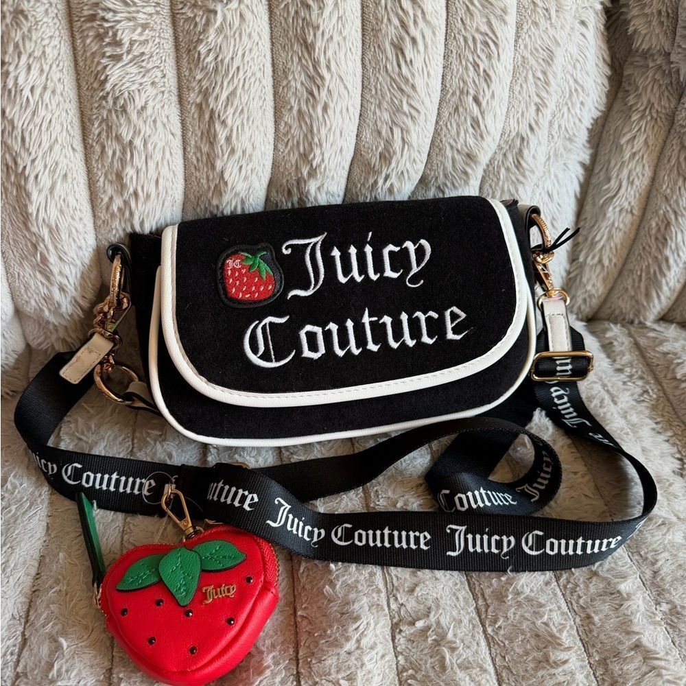 Juicy Couture Black and White Crossbody Bag with Strawberry Charm